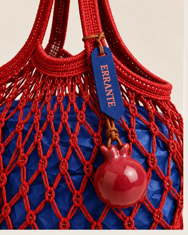 Bolsa de red roja ERRANTE con paquete interior azul y etiqueta azul atada al asa